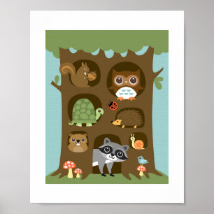 Poster Retro Woodland Animaux Imprimer