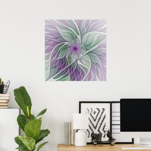 Poster Rêve de fleurs, Abstrait violet vert Fractal Art (Bureau à domicile)