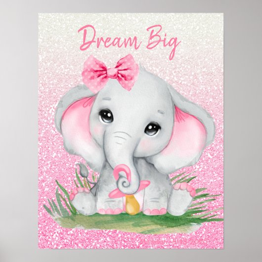 Poster Rêve Mignon Gros Éléphant Fille Pailleté Rose   (Devant)