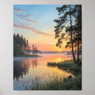 Poster Réveil doré : Un lever de soleil embrumé au matin