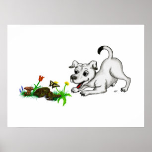 Poster Réveil du printemps, chiot aux fleurs et papillon