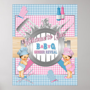 Poster Révélation du sexe Rose Bleu Gingham Bébé Q BBQ Af