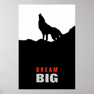 Poster Rêver Grand Loup Motivationnel sur la colline Noir