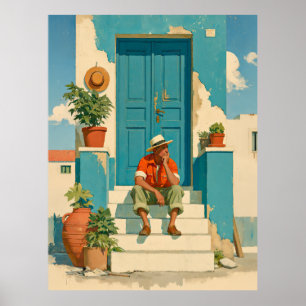 Poster Rêverie de la porte bleue méditerranéenne