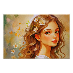 Poster Rêverie dorée : Portrait à l'aquarelle