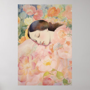 Poster Rêverie en fleurs – Femme endormie à l'aquarelle