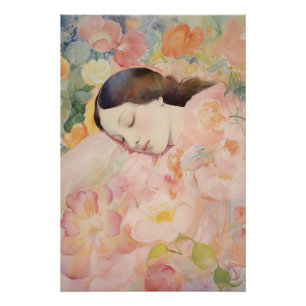 Poster Rêverie en fleurs – Femme endormie à l'aquarelle