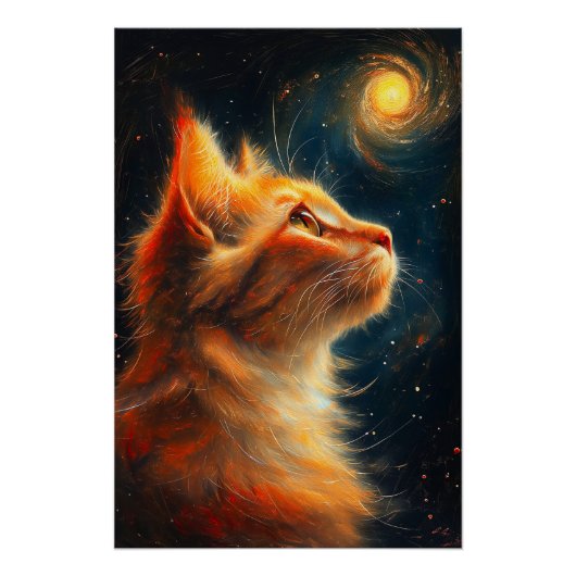 Poster Rêveur Cosmique | Chat Roux Gazeant les Étoiles (Devant)