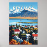 Poster Reykjavík Islande Travel Art Vintage<br><div class="desc">Reykjavík design de déplacement vectoriel rétro. Reykjavík est la capitale la plus septentrionale d'un État souverain dans le monde. C'est l'une des villes les plus propres,  les plus vertes et les plus sûres du monde.</div>