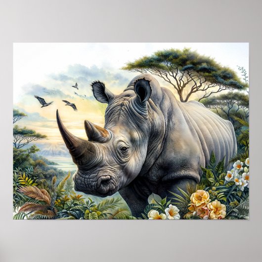Poster Rhinoceros Botanique Floral Aquarelle Art (Devant)