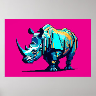 Poster Rhinocéros rétro 8 bits en pixel art Salle de jeu 
