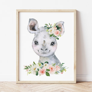 Poster Rhinocéros, Safari, Jungle, Fleurs Roses, Décorati