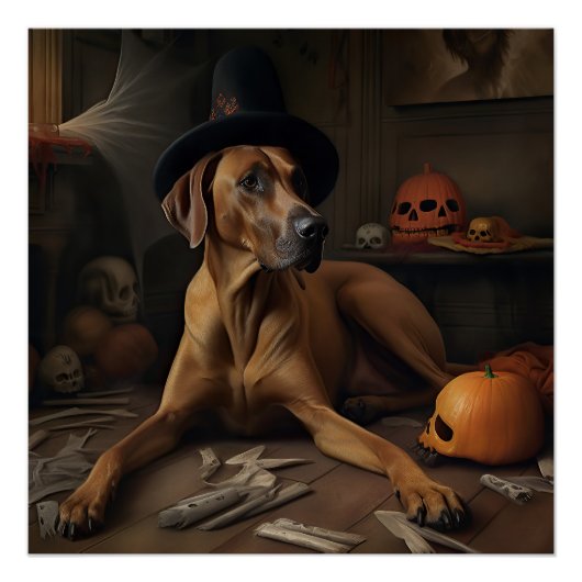 Poster Rhodesian Ridgeback Citrouilles Halloween effrayan (Devant)