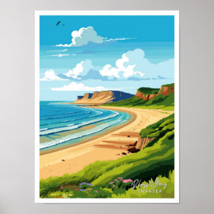 Poster Rhossili Bay Swansea Travel illustration Vintage