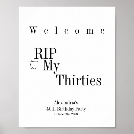 Poster RIP 30s Party 40th Birthday Welcome (Devant)