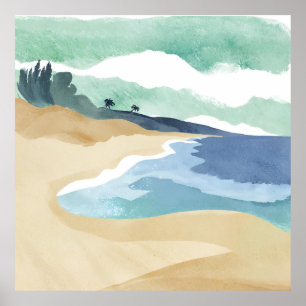 Poster Rivage de la plage Aquarelle bleue
