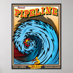 POSTER RIVAGE DU NORD D'HAWAÏ SURFANT
