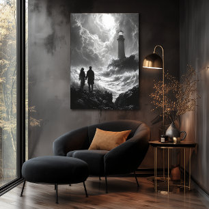 Poster Rivage orageux romantique avec phare - Charbon