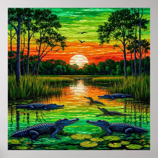 Poster Rive bordée d'alligators au coucher du soleil (Devant)