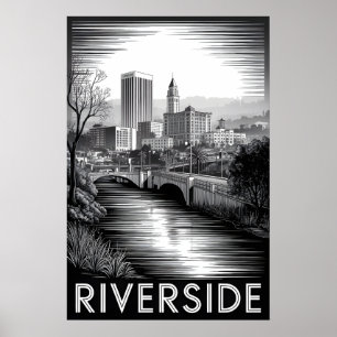 Poster Riverside Californie Gravure sur bois noir et blan