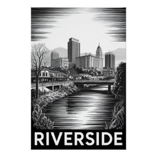 Poster Riverside Californie Gravure sur bois noir et blan