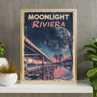 Poster Riviera au Clair de Lune Fantaisie Lunaire Promen