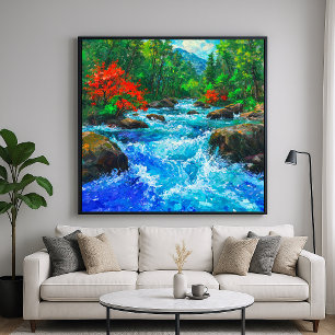 Poster Rivière à travers la forêt - Style artistique impr