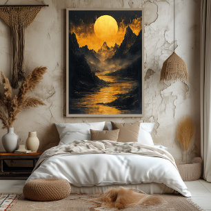 Poster Rivière au Clair de Lune Doré en Or Monochrome