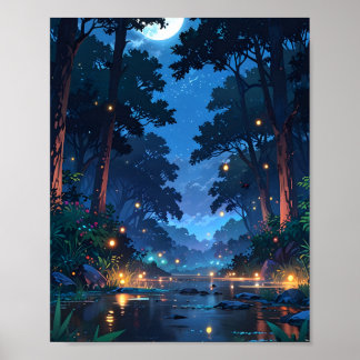 Poster Rivière de forêt au clair de lune