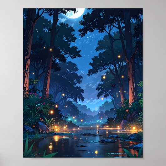 Poster Rivière de forêt au clair de lune (Devant)