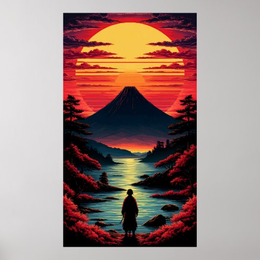 Poster Rivière du coucher de soleil avec volcan (Devant)