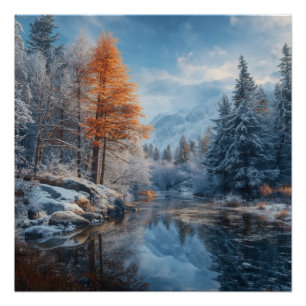 Poster Rivière enneigée en forêt et montagne