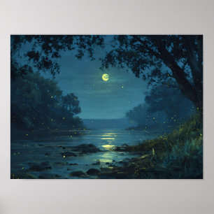 Poster Rivière nocturne enchantée et paysage de lucioles