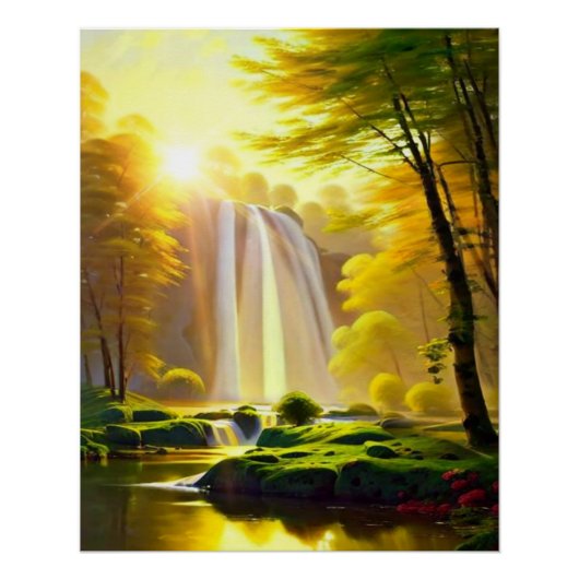 Poster Rivière Sunrise Waterfall Trees. Beau Paysage (Devant)
