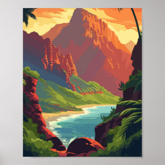 Poster Rivière Sunset Canyon - Montagne Pittoresque Rétro