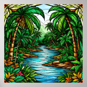 Poster Rivière tropicale et palmiers dans une jungle vibr