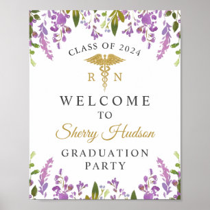 Poster RN Nursing Graduation Purple Floral Welcome