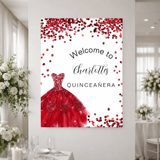 Poster Robe blanche de Quinceanera rouge parties scintill