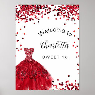 Poster Robe blanche rouge Sweet 16 Party bienvenue