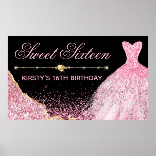 Poster Robe d'aquarelle rose et bordure de glam Sweet 16 (Devant)