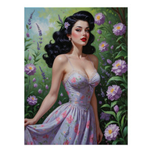 Poster Robe Florale violette Brunette Pin Up