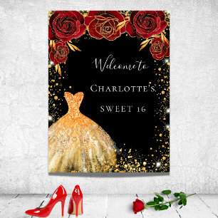 Poster Robe noire en or Sweet 16 floral rouge de bienvenu