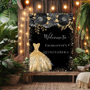 Poster Robe noire et or pour Quinceanera, accueil floral