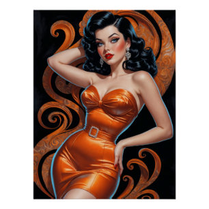 Poster Robe orange Brunette Pin Up