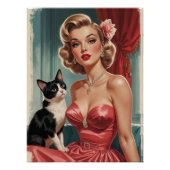 Poster Robe rose blonde avec chat noir et blanc (Devant)