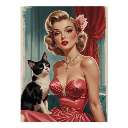 Poster Robe rose blonde avec chat noir et blanc (Devant)