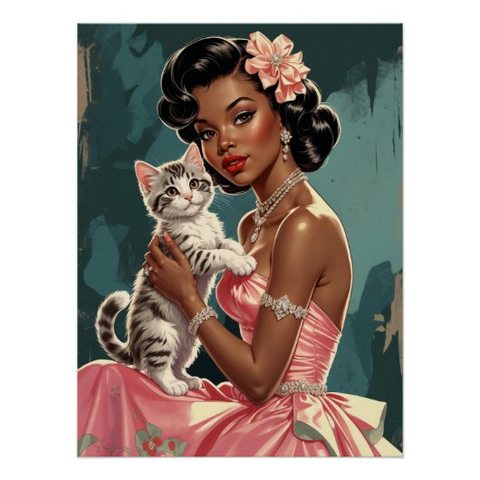 Poster Robe rose noire et chaton mignonne (Devant)