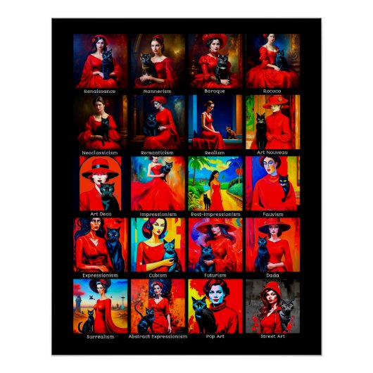 Poster Robe Rouge Modes d'Art Chat Noir (Devant)