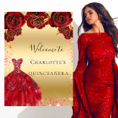 Poster Robe rouge Quinceanera or accueil fleuri