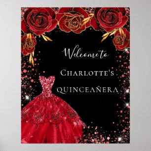 Poster Robes florales rouges et noires de Quinceanera de 
